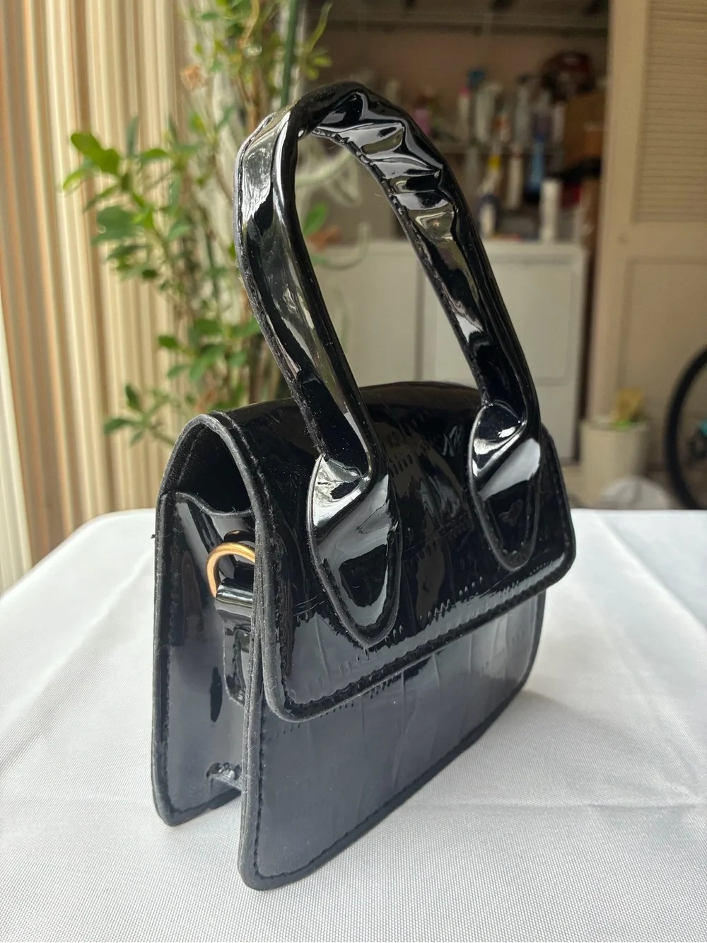 Black Patent Crocodile Embossed Mini Bag | Convertible Top Handle Crossbody - Picture 2 of 13